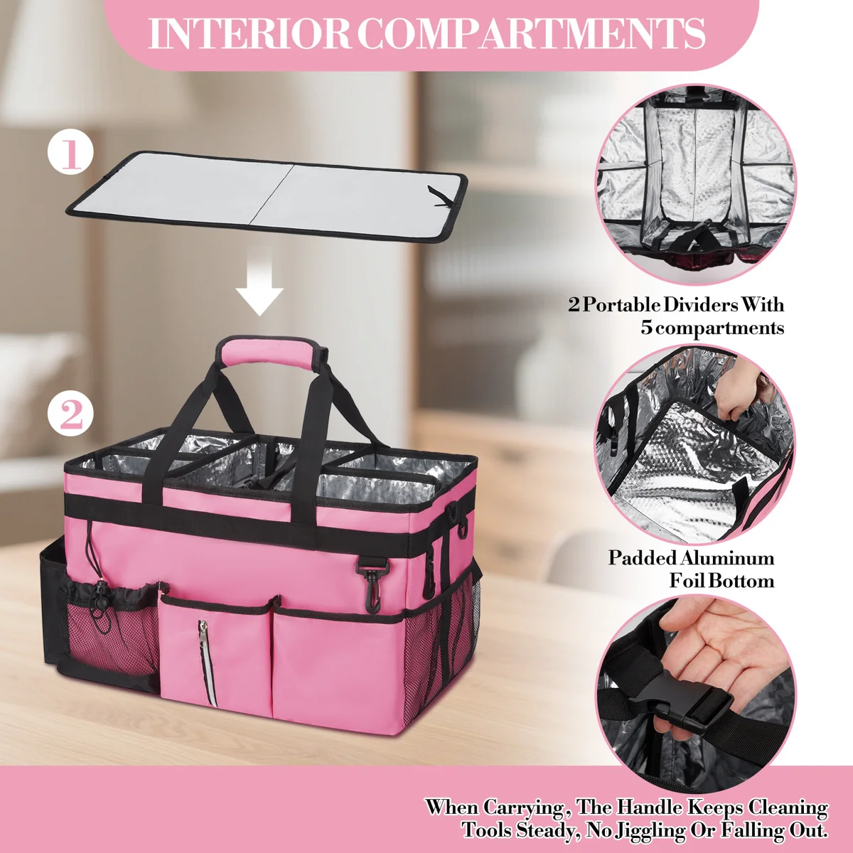 Oxford Cloth Housekeeping Tool Bag, 19.6 Inch Portable Multi-Purpose Storage Bag with Compartments and Pockets, Pink - Image 3