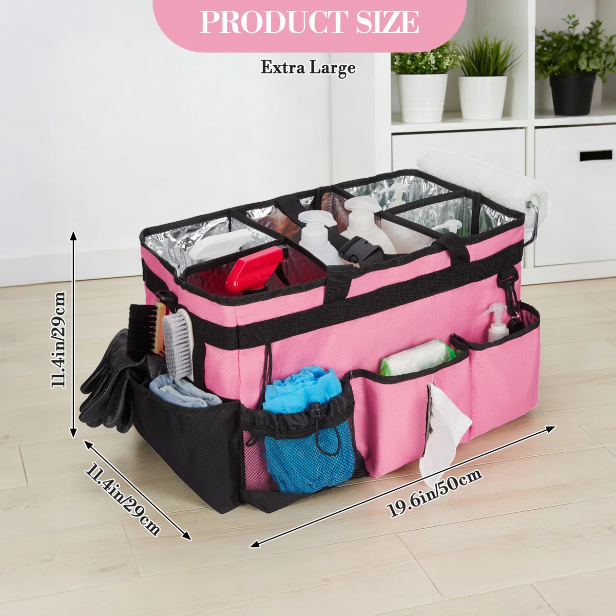 Oxford Cloth Housekeeping Tool Bag, 19.6 Inch Portable Multi-Purpose Storage Bag with Compartments and Pockets, Pink - Image 2