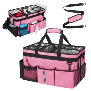 Oxford Cloth Housekeeping Tool Bag, 19.6 Inch Portable Multi-Purpose Storage Bag with Compartments and Pockets, Pink