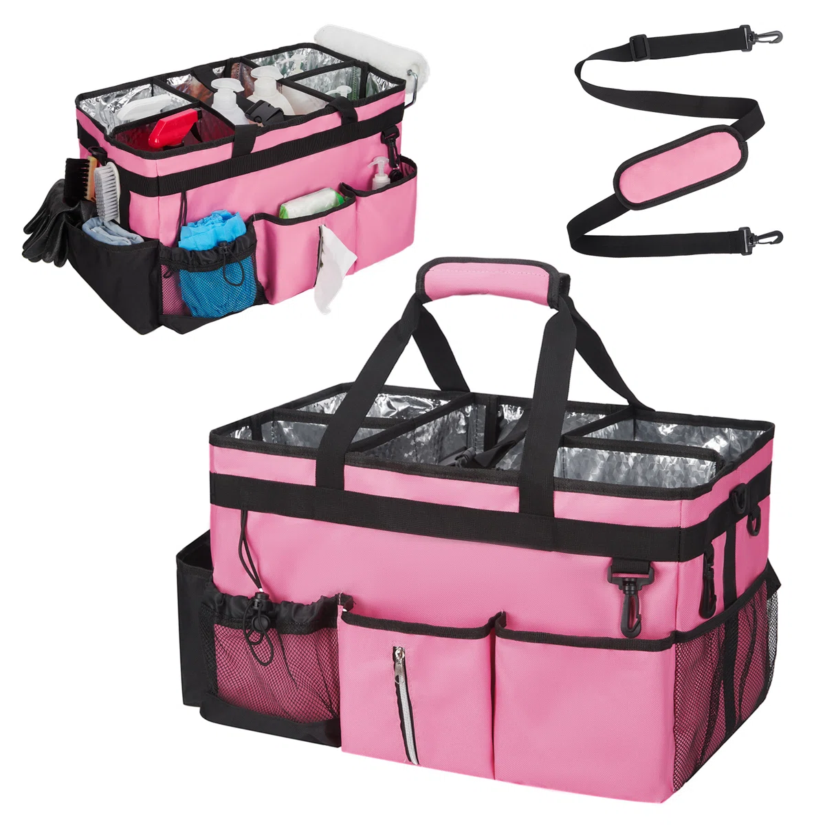 Oxford Cloth Housekeeping Tool Bag, 19.6 Inch Portable Multi-Purpose Storage Bag with Compartments and Pockets, Pink